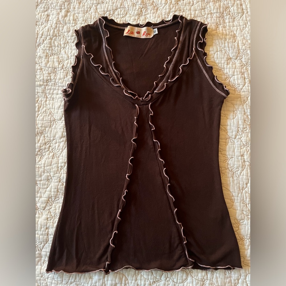 Vintage 90’s Lili Rose Brown Ruffle Edge Blouse Size S
